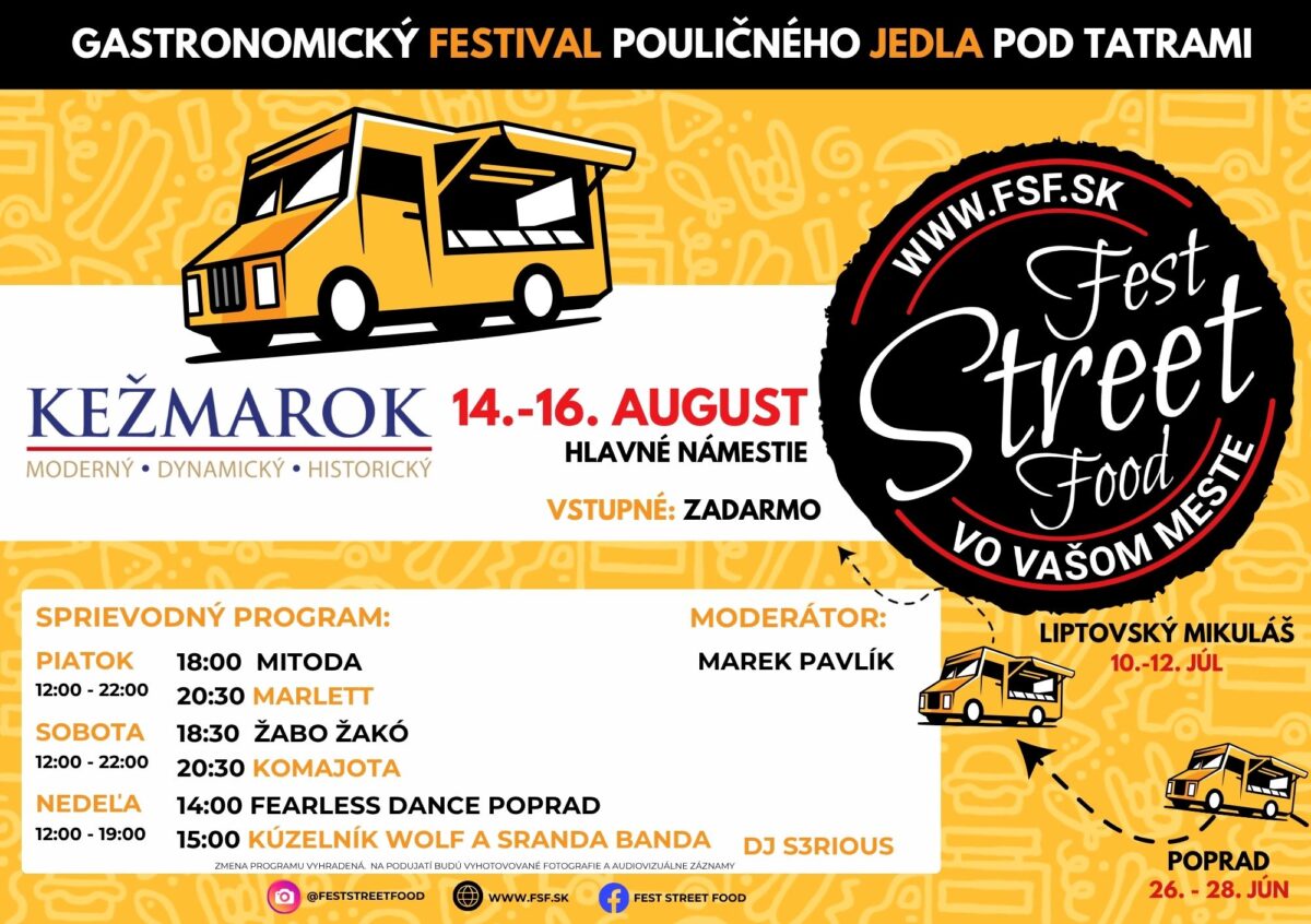 Oficiálny plagát Fest Street Food Kežmarok 2026 s denným programom